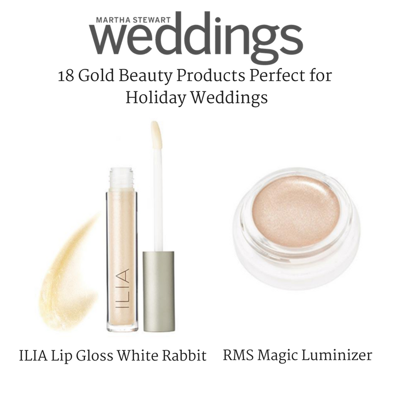 18 gold beauty products for holiday weddings featuring ilia lip gloss in white rabbit and rms magic luminizer. article from martha stewart weddings