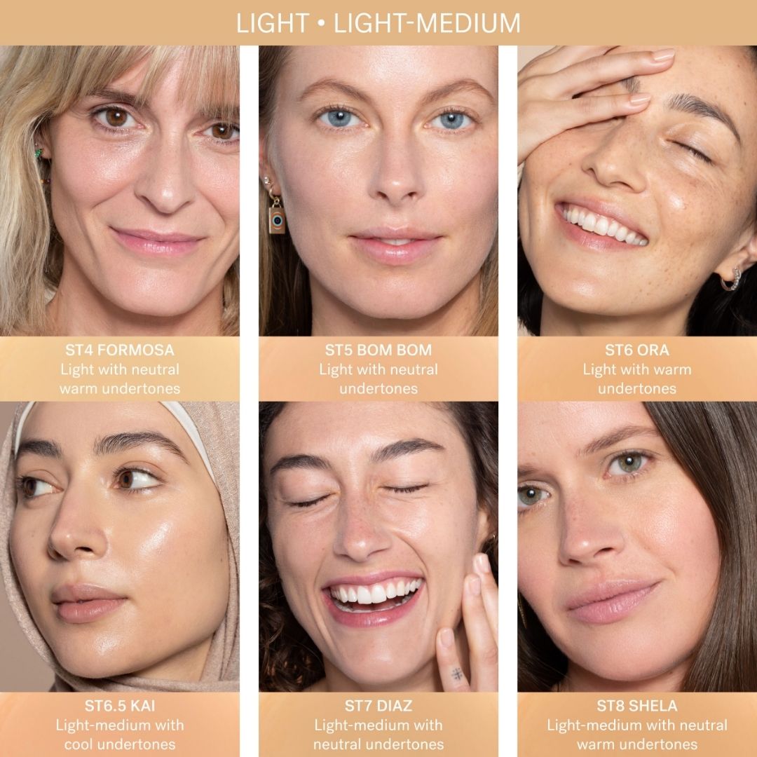 ILIA Super Serum Skin Tint SPF 40 - Shade guide for light to light/medium shades. ST4 Formosa: (for fair skin with neutral warm undertones) ST5 Bom Bom: (for light skin with neutral undertones) ST6 Ora: (for light skin with warm undertones) ST6.5 Kai: (for light-medium skin with cool undertones) ST7 Diaz: (for light-medium skin with neutral undertones) ST8 Shela: (for light-med skin with neutral warm undertones) - AILLEA
