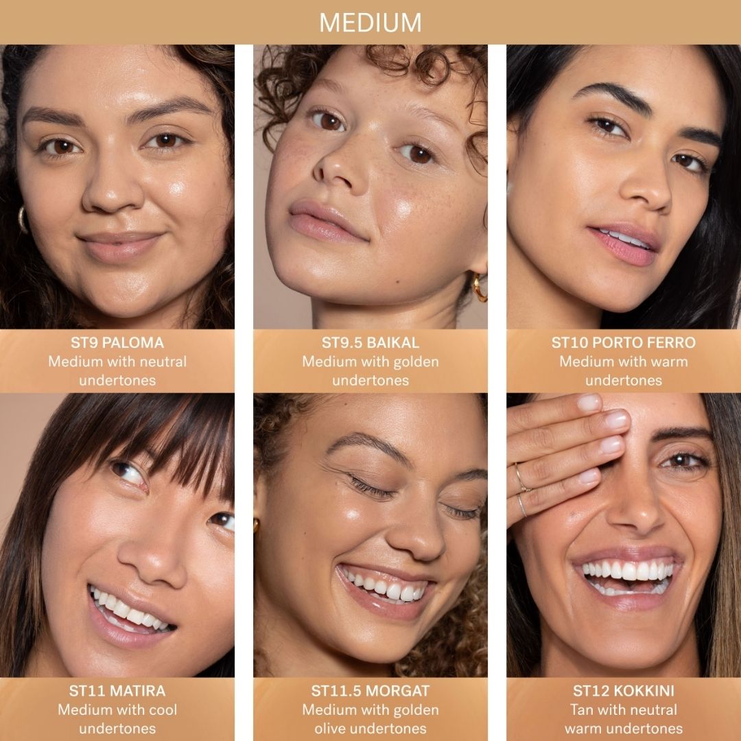 ILIA Super Serum Skin Tint SPF 40 - Shade guide for medium shades - ST9 Paloma: (for medium skin with neutral undertones) ST9.5 Baikal: (for medium skin with warm undertones) ST10 Porto Ferro: (for medium skin with golden undertones) ST11 Matira: (for medium-tan skin with cool undertones) ST11.5 Morgat: (for medium skin with olive undertones) ST12 Kokkini: (for tan skin with neutral warm undertones) - AILLEA