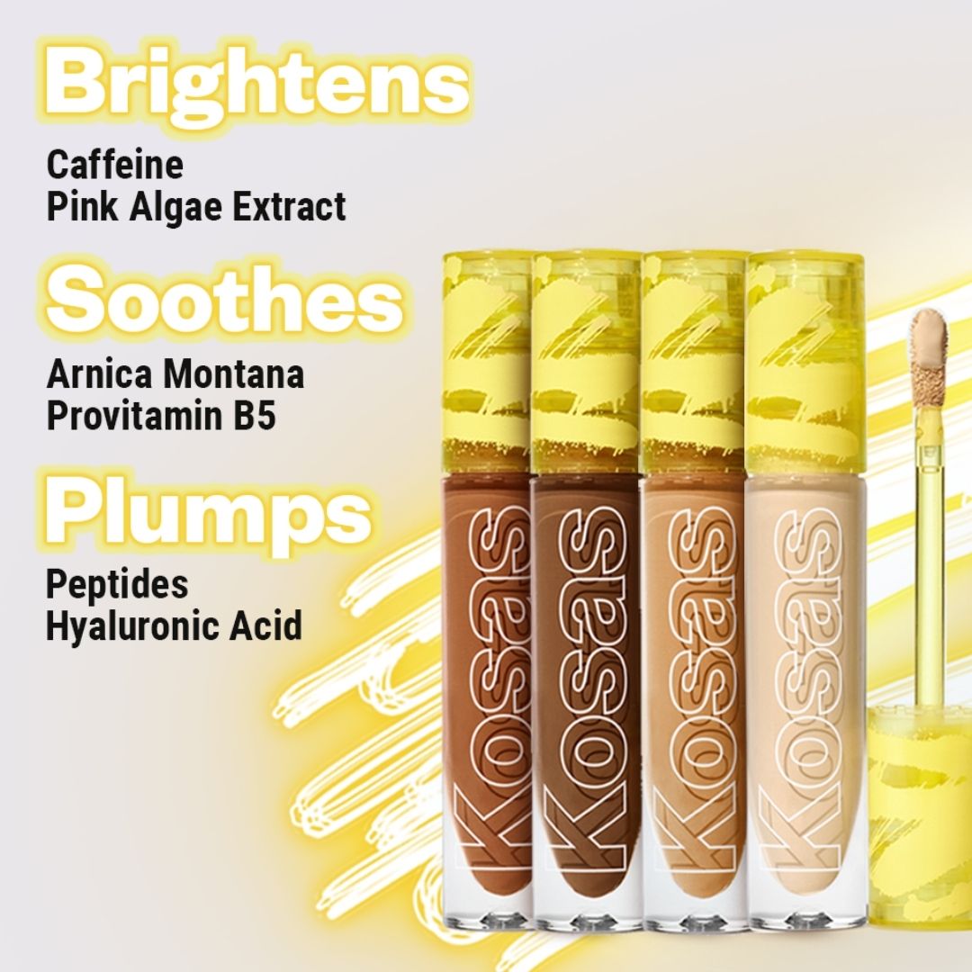 KOSAS Revealer Concealer - Arnica and Panthenol: Ultimate skin-calming tool for blemishes.   Caffeine: Helps visibly brighten under the eyes.   Peptides: Helps your skin look plump and juicy.   Hyaluronic Acid: Locks-in hydration - AILLEA