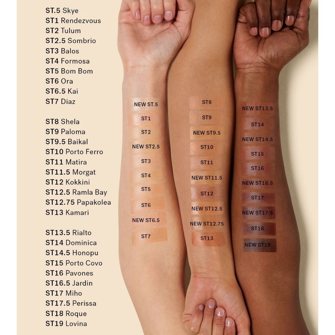 ILIA Super Serum Skin Tint SPF 40 - Arm Swatches on 3 different skin tones. ST0.5 through ST19 - AILLEA