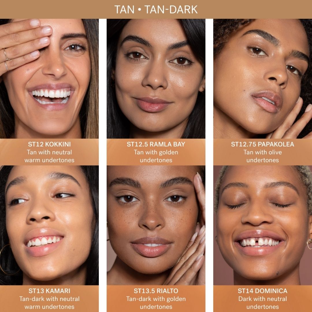 ILIA Super Serum Skin Tint SPF 40 - Shade guide for Tan and Tan to Dark Shades - ST12 Kokkini: (for tan skin with neutral warm undertones) ST12.5 Ramla Bay: (for tan skin with golden undertones) ST12.75 Papakolea: (for tan skin with olive undertones) ST13 Kamari: (for tan-dark skin with neutral warm undertones) ST13.5 Rialto: (for tan-dark skin with golden undertones) ST14 Dominica: (for dark skin with neutral undertones) - AILLEA