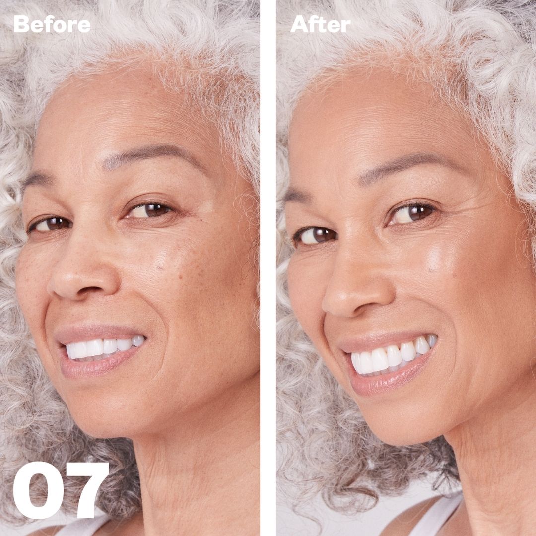 Kosas Revealer Concealer - Tone 07 Tan with neutral undertones. Before and after on models skin. Looks natural on mature skin, doesn't settle into fine lines and wrinkles. - AILLEA