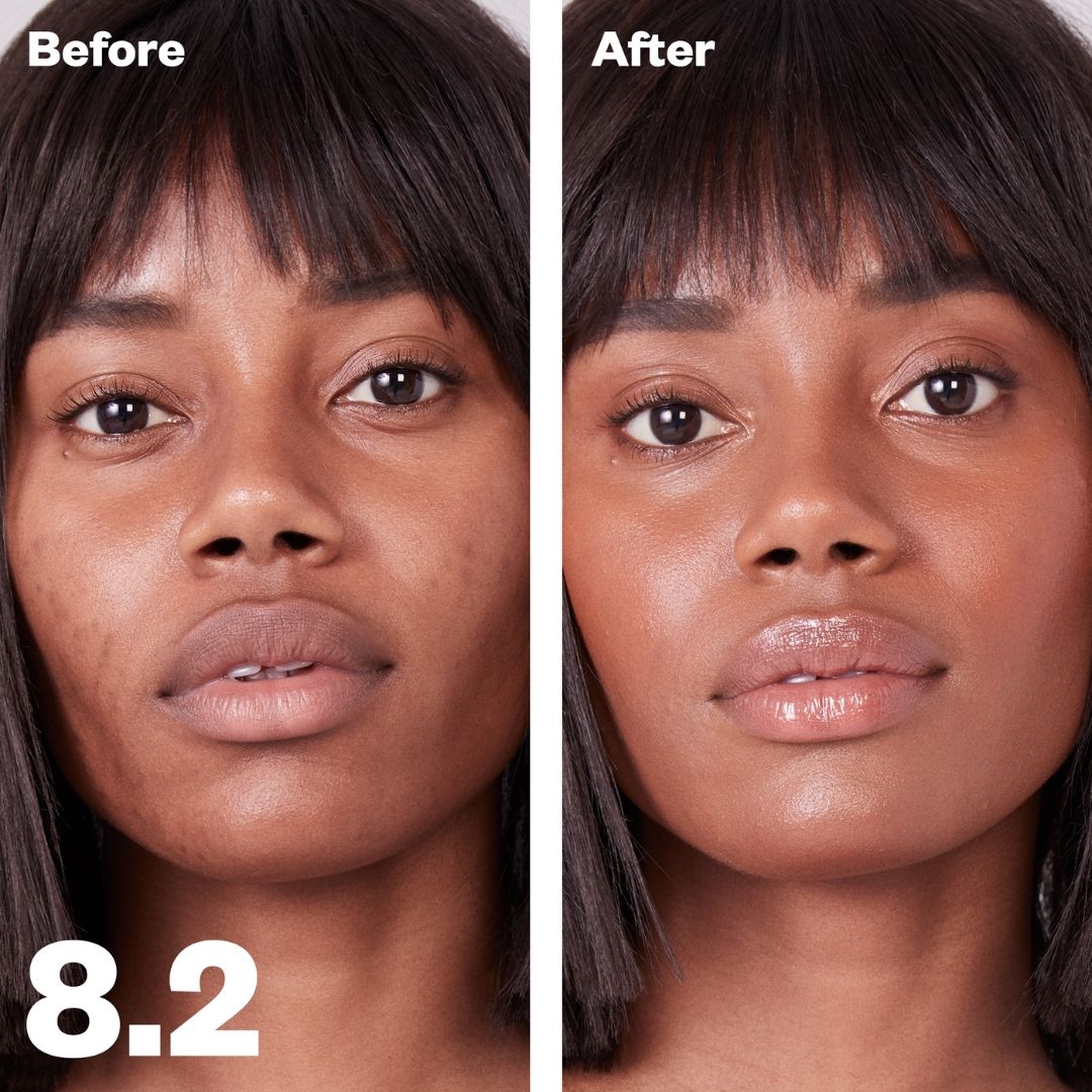 Kosas Revealer Concealer - Tone 8.2 Deep with golden undertones. Before and after on model's skin. Covers dark circles, hyperpigmentation, acne scarring on all skin tones - AILLEA