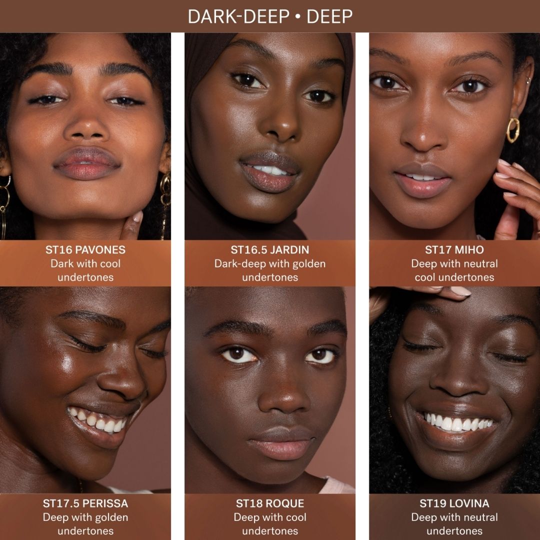ILIA Super Serum Skin Tint SPF 40 - Shade guide for Dark to Deep and Deep Shades - ST16 Pavones: (for dark skin with cool undertones) ST16.5 Jardin: (for dark-deep skin with golden undertones) ST17 Miho: (for deep skin with neutral cool undertones) ST17.5 Perissa: (for deep skin with golden undertones) ST18 Roque: (for deep skin with cool undertones) ST19 Lovina: (for deep skin with neutral undertones) - AILLEA