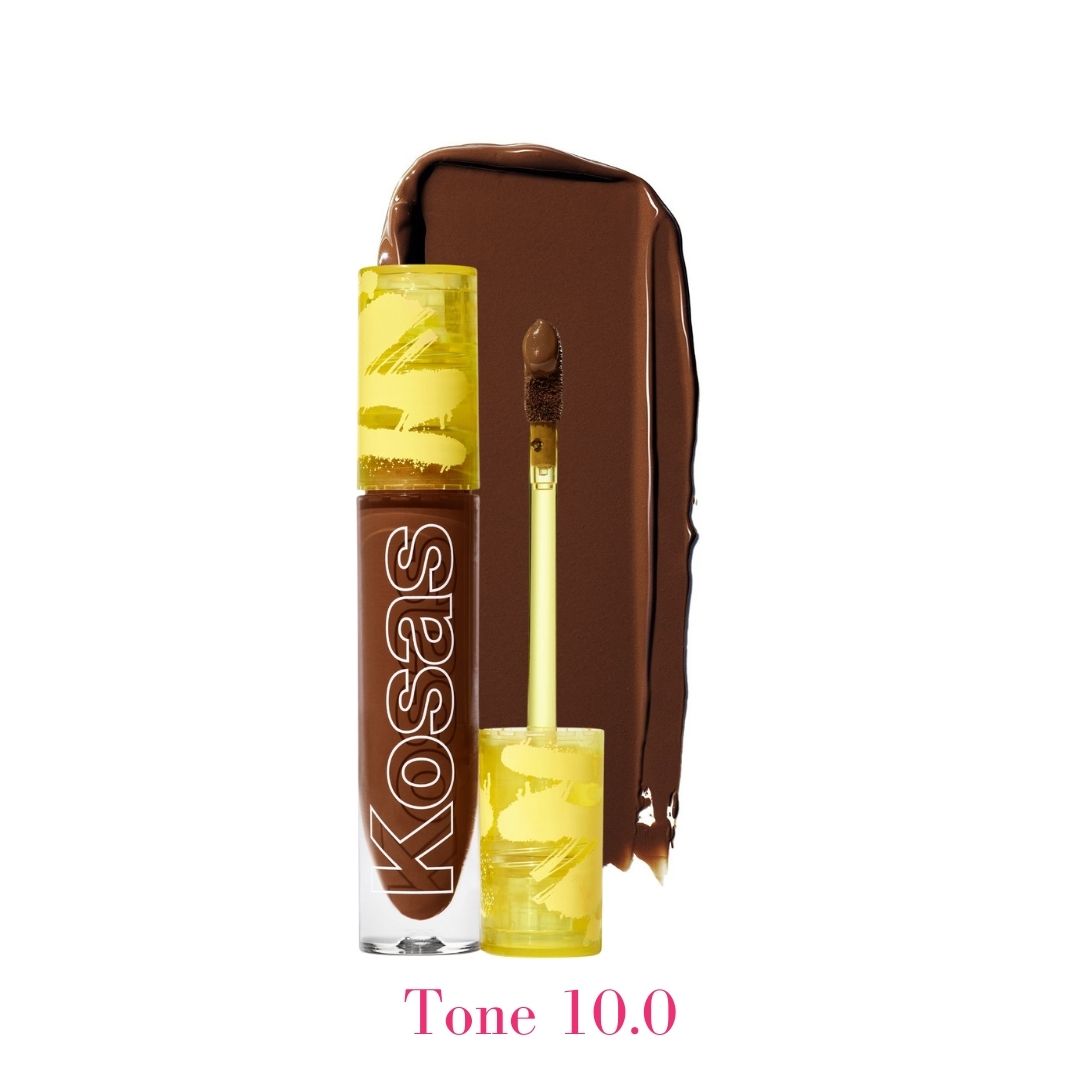 Kosas Revealer Concealer - Tone 10 Rich deep with golden undertones and swatch - AILLEA