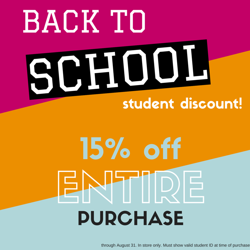 back to school student discount, 15% off entire purchase