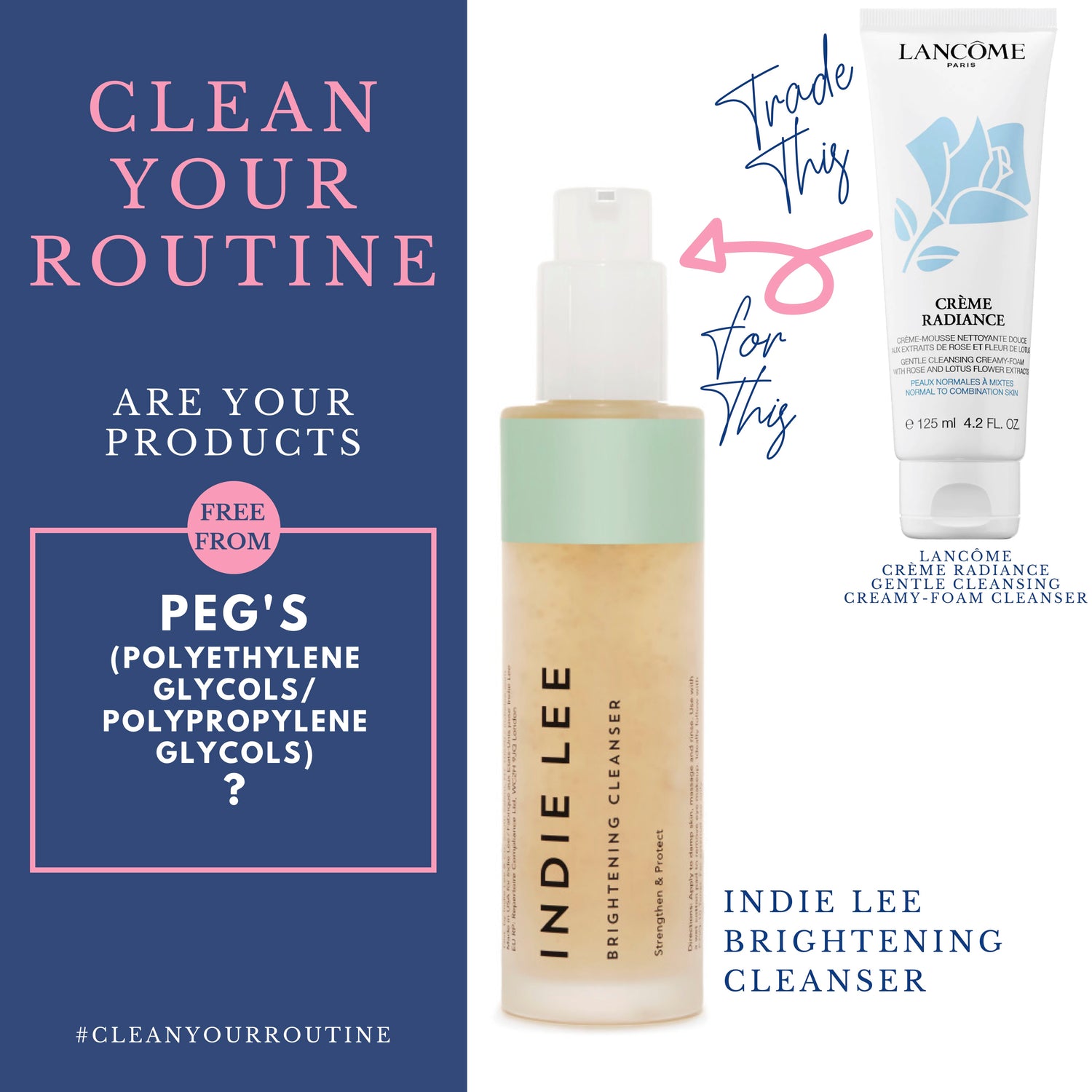 trade lancome creme radiance face wash for indie lee brightening cleanser. are your products free from PEG's (polyethylene glycols/polypropylene glycols)? 