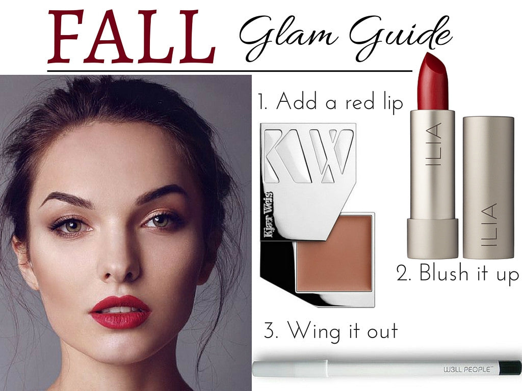 fall glam guide: 1. add a red lip 2. blush it up 3. wing it out 