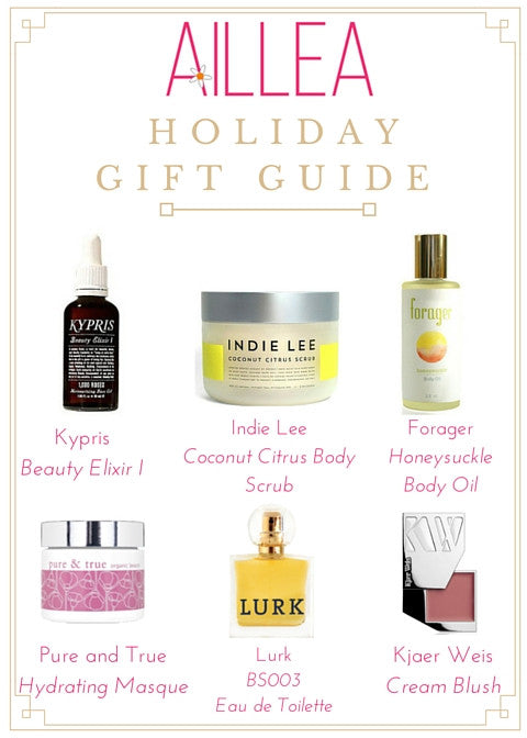 aillea holiday gift guide: kypris beauty elixir I, indie lee coconut citrus body scrub, forager honeysuckle body oil, pure and true hydrating masque, lurk BSOO3 eau de toilette, kjaer weis cream blush