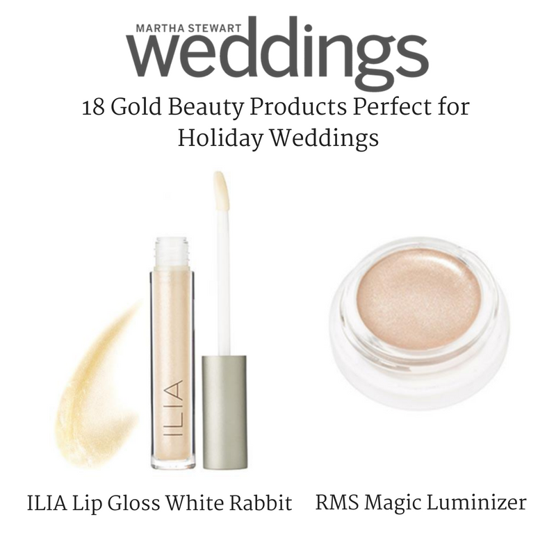 18 gold beauty products for holiday weddings featuring ilia lip gloss in white rabbit and rms magic luminizer. article from martha stewart weddings 