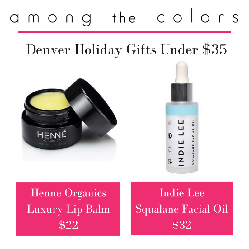 Denver holiday gifts under $35 featuring henné organics luxury lip balm and indie lee squalane facial oil. article from among the colors