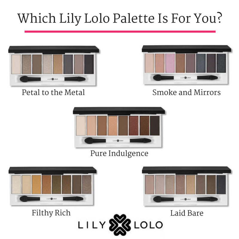 which lily lolo palette is for you? palettes: petal to the metal, smoke and mirrors, pure indulgence, filthy rich, and laid bare