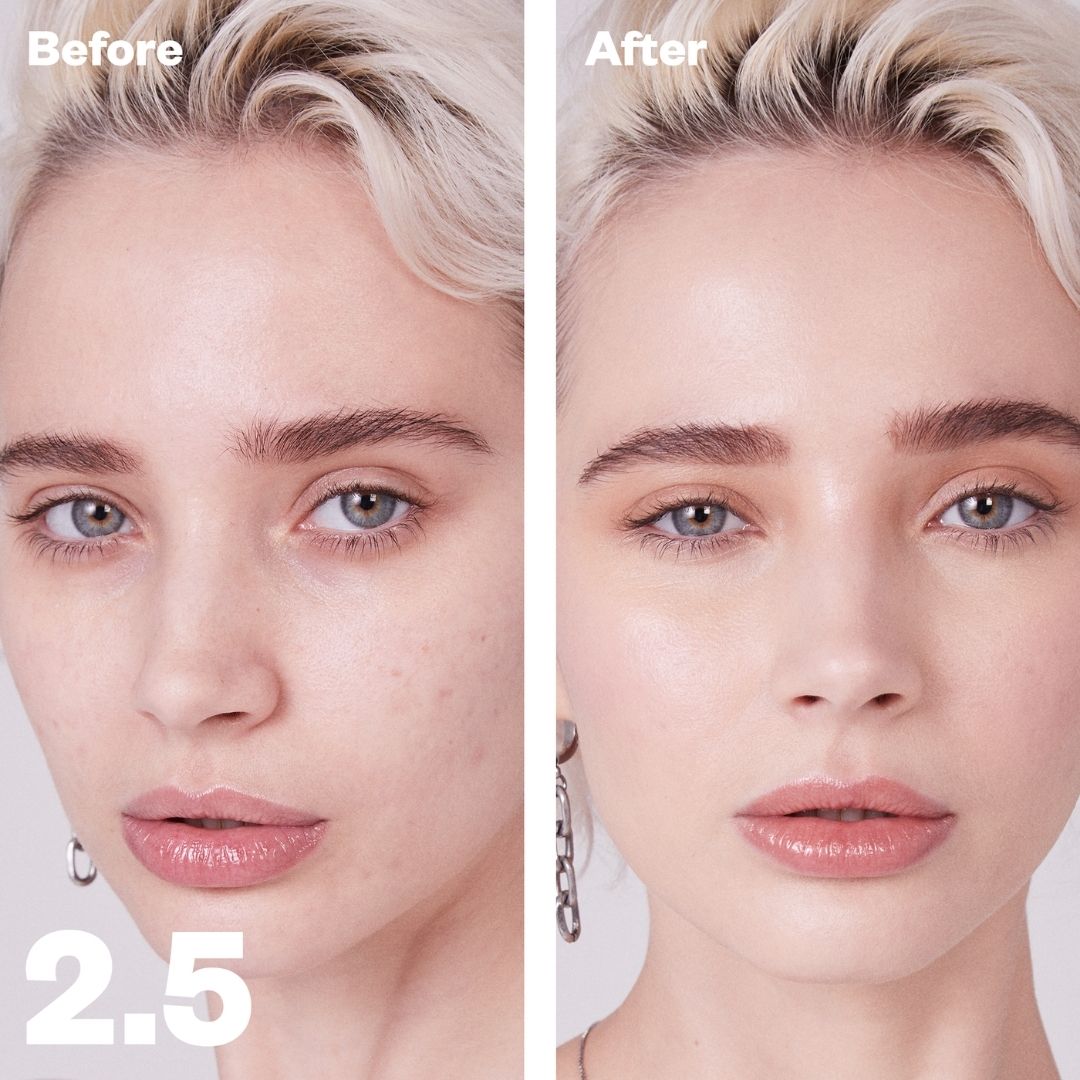 Kosas Revealer Concealer - Tone 2.5 Light with cool peach undertones before and after in model&#39;s skin - Covers acne scars and hyperpigmentation - AILLEA