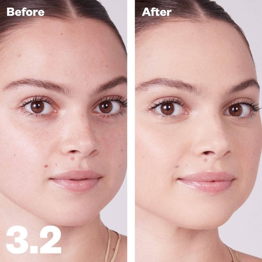 Kosas Revealer Concealer - Tone 3.2 Light with neutral olive undertones before and after on models skin.  covers freckles and uneven skin tone - AILLEA