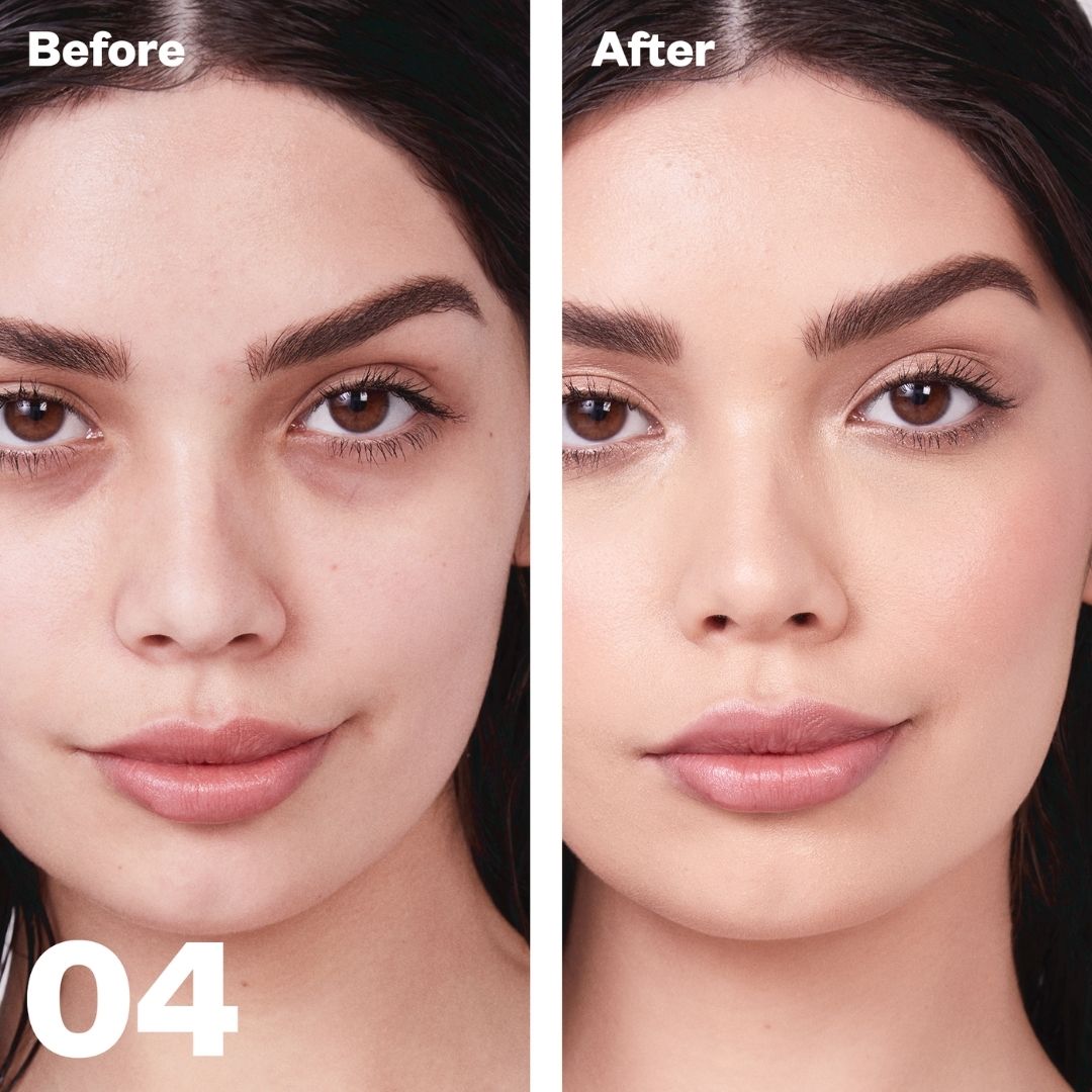 Kosas Revealer Concealer - Tone 04 Light medium with golden undertones. Before and after on model, covers dark circles and bags - AILLEA