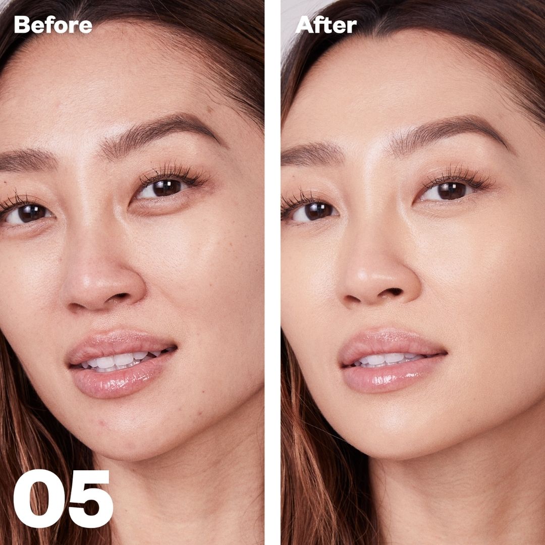 Kosas Revealer Concealer - Tone 05 Medium with golden undertones and swatch. Before and after on model, covered redness, under eye bags, and breakouts - AILLEA