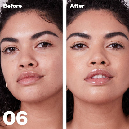 Kosas Revealer Concealer - Tone 06 Medium with olive undertones. Before and after on models skin. covers hyperpigmentation, scarring and give skin a luminous finish - AILLEA