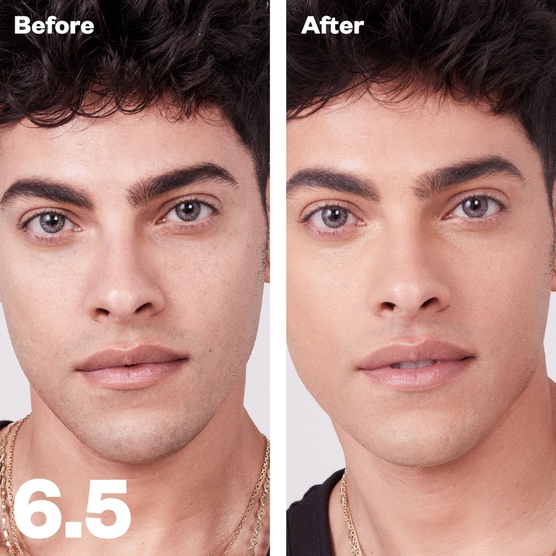 Kosas Revealer Concealer - Tone 6.5 Tan with olive undertones. Before and after on male models skin. Men&#39;s concealer, covers razor burn, dark circles, undetectable coverage, discreet - AILLEA