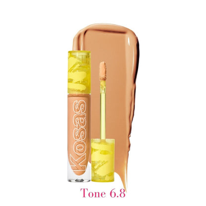 Kosas Revealer Concealer - Tone 6.8 Tan with warm peach undertones and swatch - AILLEA