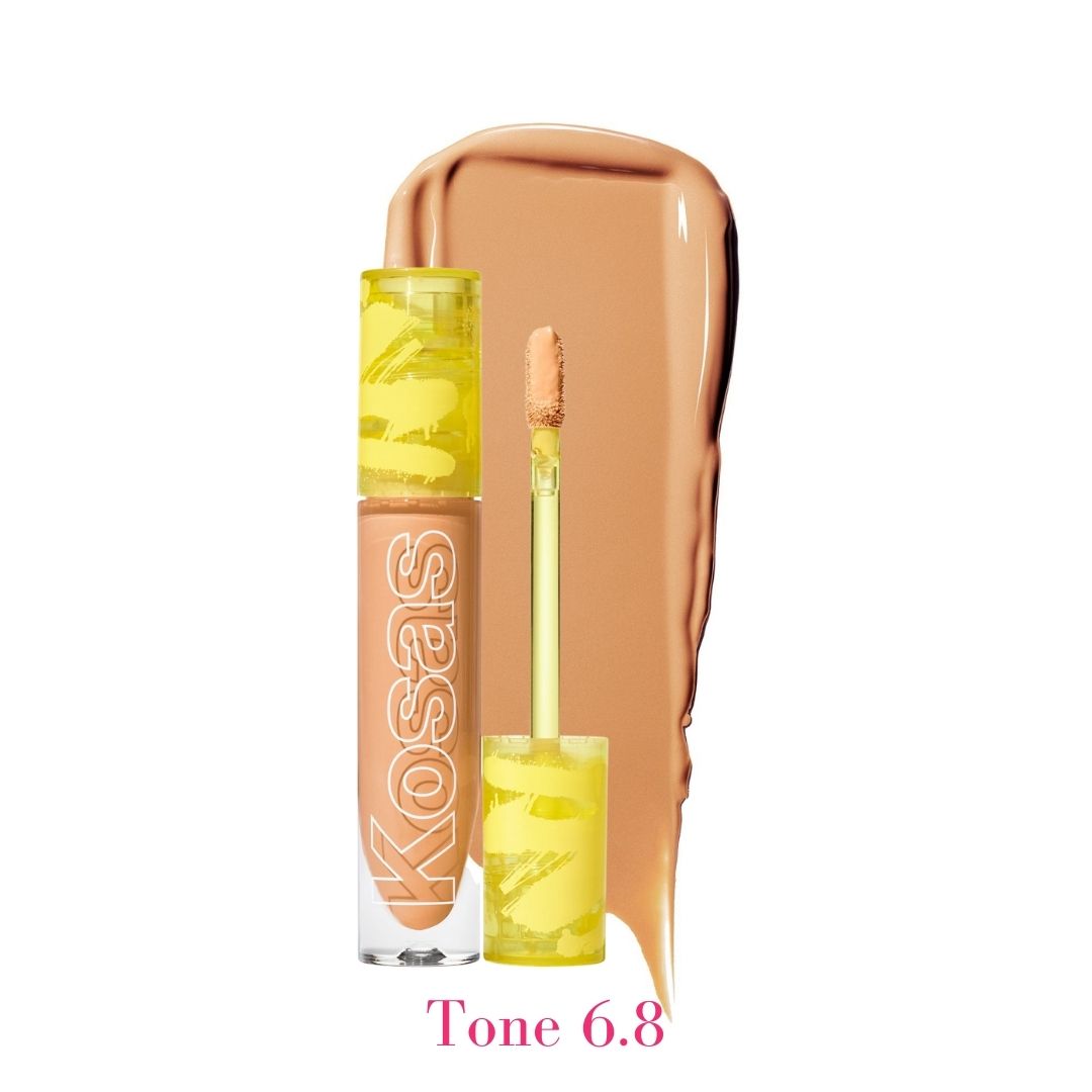 Kosas Revealer Concealer - Tone 6.8 Tan with warm peach undertones and swatch - AILLEA