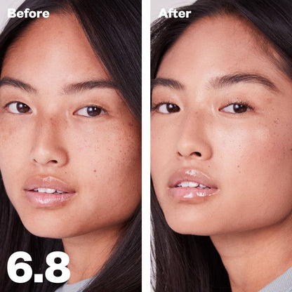 Kosas Revealer Concealer - Tone 6.8 Tan with warm peach undertones. Before and after on models skin. Covers freckles, evens skin tone and brightens. - AILLEA