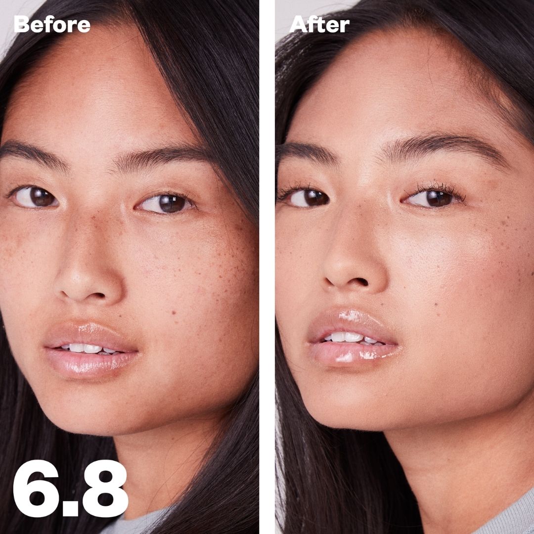 Kosas Revealer Concealer - Tone 6.8 Tan with warm peach undertones. Before and after on models skin. Covers freckles, evens skin tone and brightens. - AILLEA