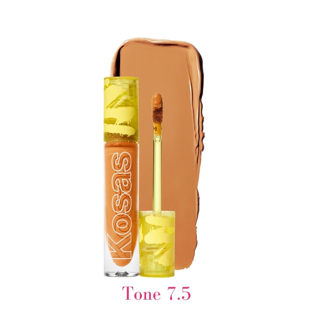 Kosas Revealer Concealer - Tone 7.5 Tan with subtle peach undertones and swatch - AILLEA