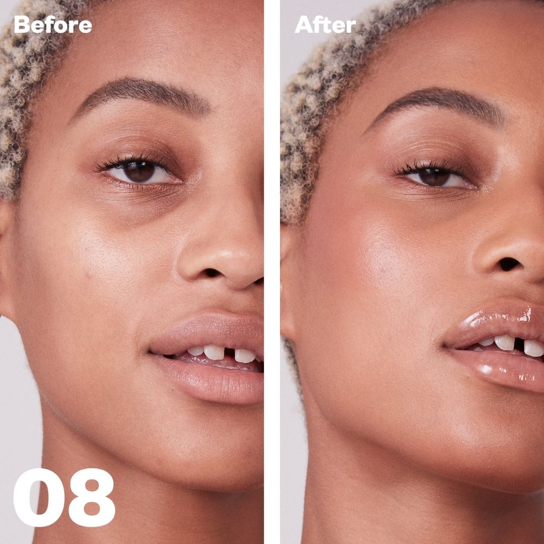 Kosas Revealer Concealer - Tone 08 Tan with golden undertones and swatch. Before and after on models skin. Covers dark circles and illuminates the skin. - AILLEA