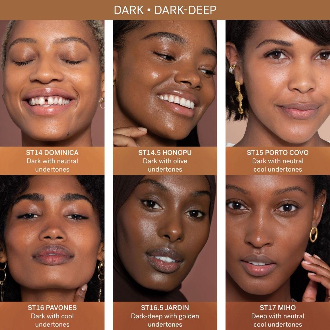 ILIA Super Serum Skin Tint SPF 40 - Shade guide for Dark and Dark to Deep Shades - ST14 Dominica: (for dark skin with neutral undertones) ST14.5 Honopu: (for dark skin with olive undertones) ST15 Porto Covo: (for dark skin with neutral cool undertones) ST16 Pavones: (for dark skin with cool undertones) ST16.5 Jardin: (for dark-deep skin with golden undertones) ST17 Miho: (for deep skin with neutral cool undertones) on models - AILLEA