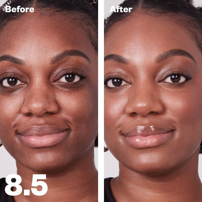 Kosas Revealer Concealer - Tone 8.5 Deep with cool orange-red undertones. Before and after in models skin. Covers dark eye circles and bags, evens skin tone, and provides a radiant finish. - AILLEA