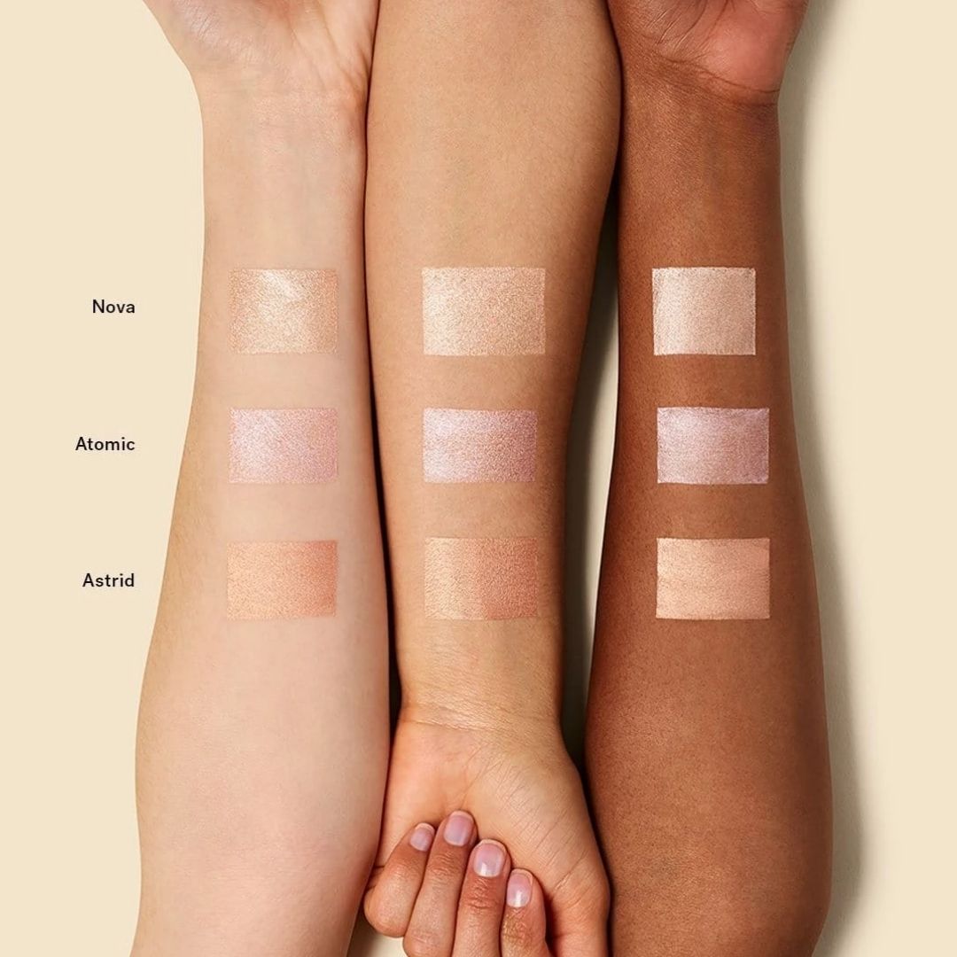 ILIA Liquid Light Serum Highlighter - All 3 Shades swatched on 3 different skin tones - AILLEA