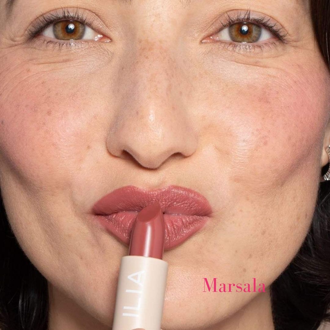 ILIA Color Block High Impact Lipstick - AILLEA - Marsala: Neutral Brown with Cool Undertones on Models Lips.